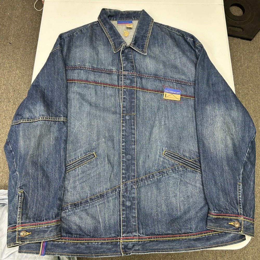 Rocawear Denim Jacket Mens 2XL Blue Multi Color Stitch Logo Streetwear